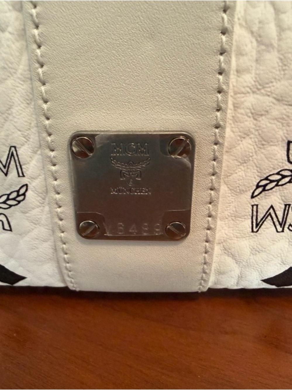 MCM White Logo Drawstring Bucket Bag with Black Motif, Authentic - Picture 3 of 8